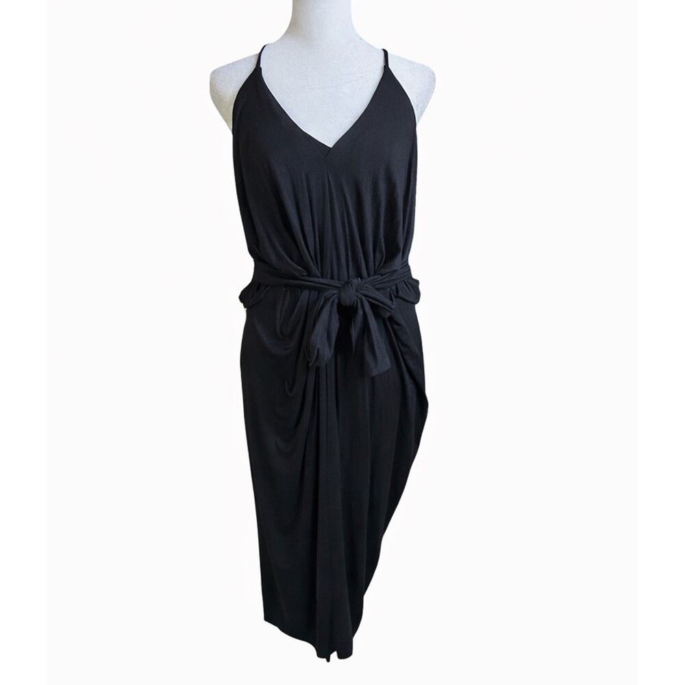 Mustard Seed Vivian Draped Midi Dress Womens S Black Jersey VNeck Sleeveless NWT